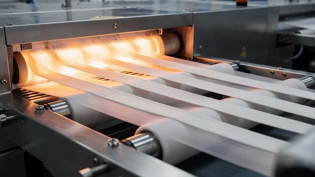 Medium shot showing narrow elastic bands passing a hightemperature heatsetting tunnel emphasizing fast curing and enhanced stretch recovery under intense heat.