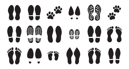 Human bare walk footprints shoes and shoe sole Kids feet vector set. footsteps icon or sign for print, trail Walking footstep and footprint follow route sale