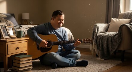 Fototapeta premium Young man with Down syndrome happily playing acoustic guitar in a cozy bedroom setting