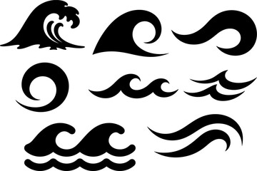 Obraz premium Dynamic Wave Icon Collection: 9 Black Vector Silhouettes Representing Ocean Swells, Surf, Water Movement, and Sea Power - Ideal for Logo, Tattoo, and Graphic Design Projects