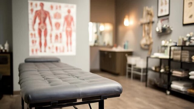 Medium shot of a private examination room with a neatly arranged exam table medical instruments and a general anatomy chart softly blurred in the background.