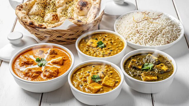 Assortment of Delicious Indian Curries Served With Naan Bread and Basmati Rice