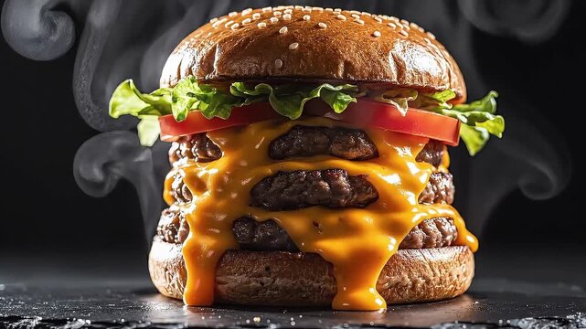 Delicious cinematic fast food b-roll footage of a juicy triple cheeseburger with melted cheese and fresh lettuce, perfect for food advertising and restaurant promotions