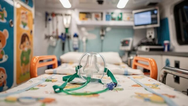 Medium shot of pediatricready ambulance interior featuring colorful childfriendly equipment with a focused small oxygen mask and blurred background medical tools.