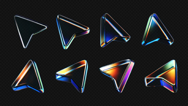 Set of holographic 3d cursor icons with iridescent metallic finish and chrome edges showing various rotation angles on dark transparent background