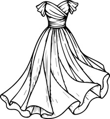 Detailed hand-drawn illustration of a flowing elegant evening gown, fashion design sketch for prom or wedding dress inspiration © Muhammad