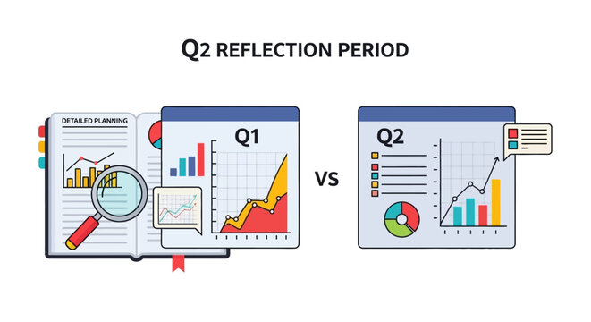 Q1 vs Q2 Quarterly Business Review (QBR) Vector: Performance Analysis, Reflection Period, Data Comparison, and Strategic Planning Report