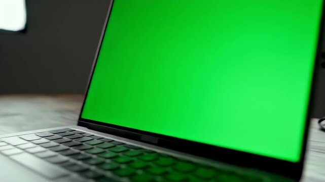 A laptop with a green screen rests open on a wooden desk, in soft, diffused lighting
