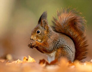 Fototapeta premium Close-up of a red squirrel eating a nut among autumn leaves
