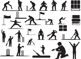 Fototapeta premium Cricket player silhouettes performing various actions like batting bowling fielding and wicket
