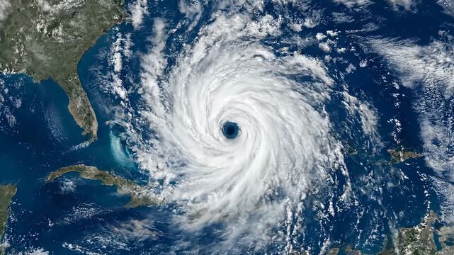 A realistic, top-down satellite view of a massive, powerful hurricane over the ocean