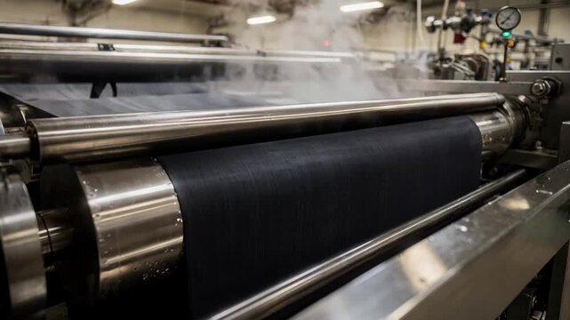 Closeup medium view of textile dyeing machines processing dark shaded fabrics steam rising as rich hues are absorbed in an automated industrial setting.