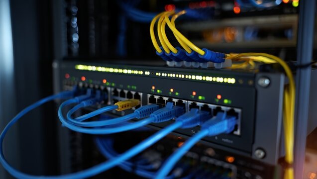 A detailed close-up of a server rack's network switch, featuring several blue and yellow Ethernet cables plugged into ports. The blinking green and amber lights on the switch signify active data