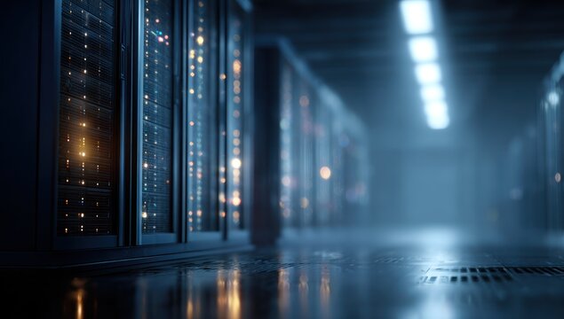 Rows of dark server racks glow with internal lights in a cool room.