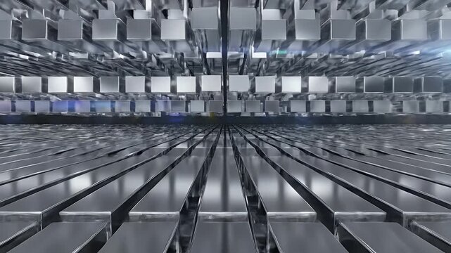 Abstract perspective of a metallic structure with cubes and bars, showcasing depth