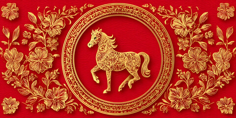 Golden Zodiac Horse in Ornate Chinese Floral Frame