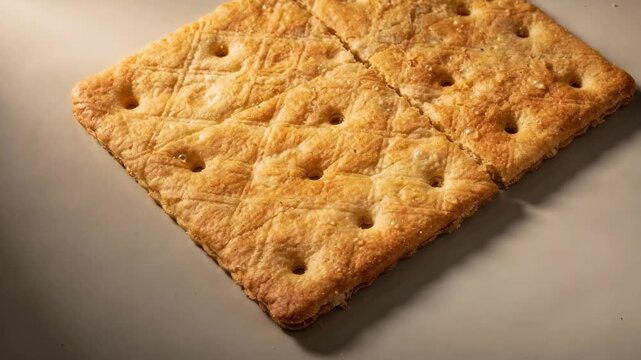 Medium shot of finely scored cracker surface showcasing delicate pattern and precise docked holes highlighting intricate bakery craftsmanship.