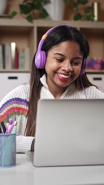 African American Teenager Student learning doing online video call with friend or teacher from home