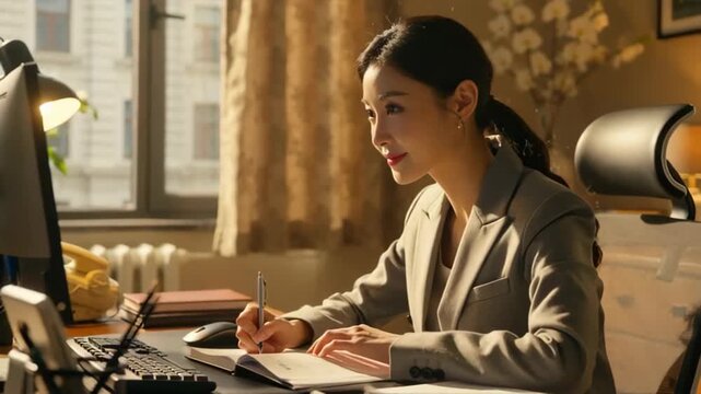 Professional woman in formal attire focused on writing notes at a desk in a well-lit office environment with warm tones and plants in the background