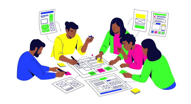 Diverse Team Brainstorming UI/UX Design. Digital Product Developers Creating Website Wireframes and App Layouts in a Planning Meeting.