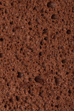 Chocolate sponge cake texture with porous crumb structure. Dark bakery background, cocoa biscuit surface for dessert and pastry concepts.