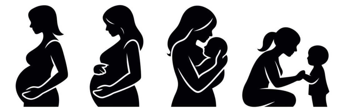 Stylized silhouette motherhood set featuring a pregnant woman, mother with newborn, and mother with toddler for family development