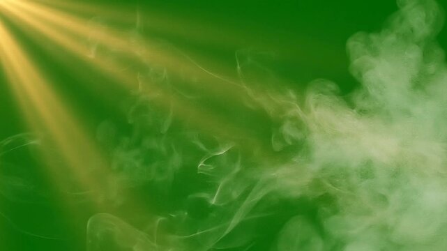 A thick plume of white smoke billowing across a green screen, illuminated by cinematic golden light beams. Ideal for creating dramatic atmospheric effects, fire scenes, and high-quality video producti