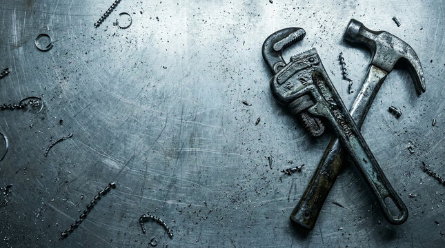 Tools on metal surface including wrench and hammer in closeup  