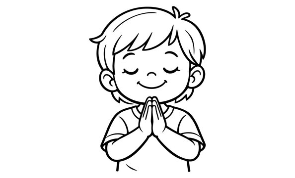 Cute cartoon child with eyes closed praying or meditating with hands together