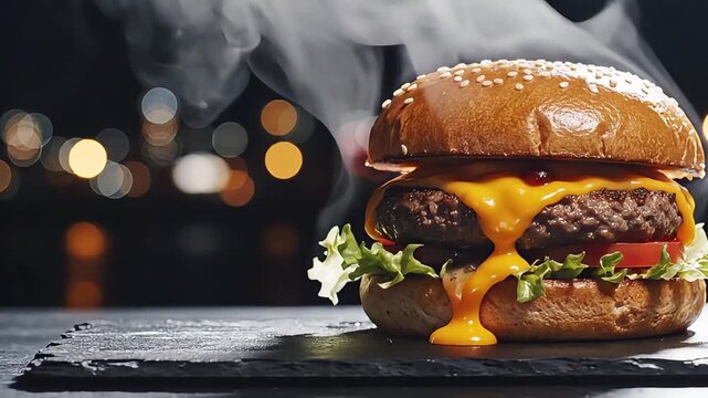 Delicious cinematic footage of a juicy fast food burger b-roll, perfect for commercials and food vlogs, showcasing gourmet ingredients and mouthwatering appeal