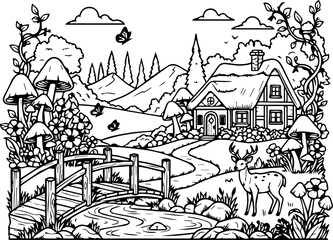 Obraz premium Whimsical Line Art Drawing of a Forest Scene with a Cozy Cottage, Bridge, Deer, and Butterflies