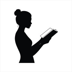 Silhouette of a woman reading an open book side profile against white