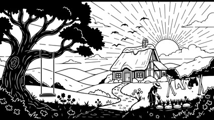 Obraz premium Idyllic Sunrise Landscape with Charming Cottage, Swing, and Washing Line