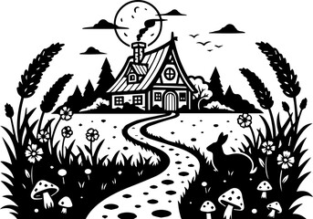 Fototapeta premium Whimsical black and white silhouette of a storybook cottage nestled among whimsical plants and a crescent moon.