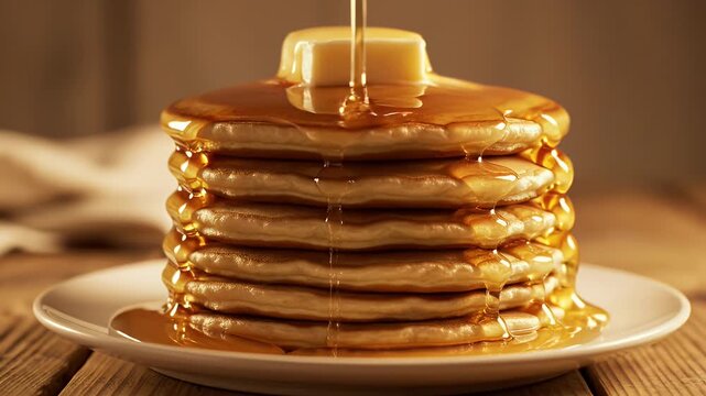 A stack of fluffy pancakes drizzled with syrup, topped with butter, on a white plate