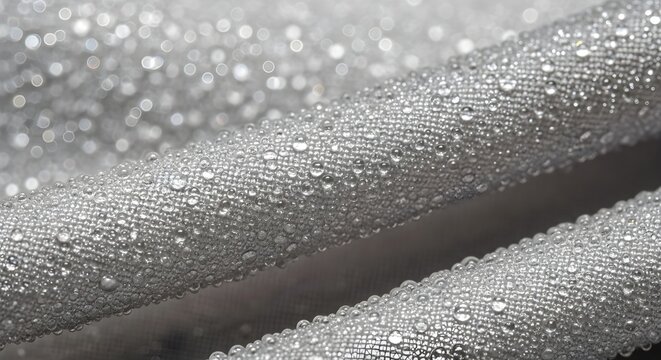 Wet gray fabric texture covered in small water droplets shows waterproof material closeup.