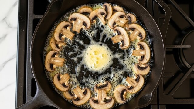 Saut&eacute;ing mushrooms in butter, cooking mushrooms in a cast iron skillet on stovetop