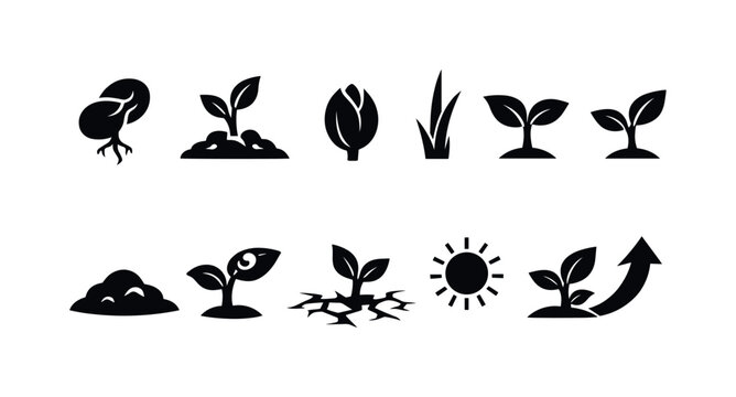 Gardening and plant growth silhouette icon set for nature enthusiasts.