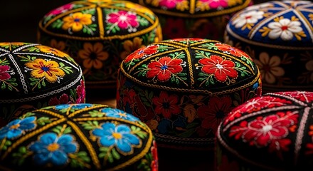 Collection of traditional embroidered skullcaps with vibrant floral patterns