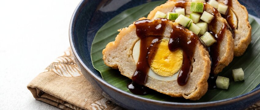 Delicious Indonesian Pempek Kapal Selam, a fish cake filled with hard-boiled egg, served with dark sauce and diced cucumber on a banana leaf.