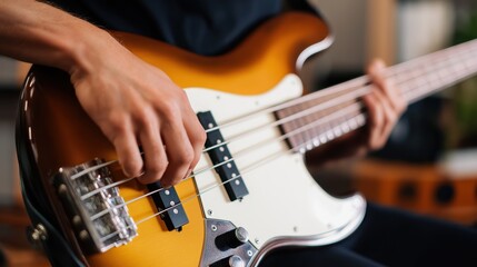 Person playing bass guitar with fingers on strings indoors  