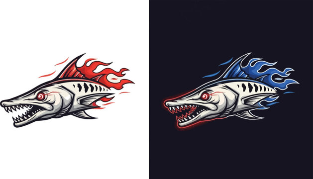 Two stylized barracuda fish illustrations, one with red fiery fins and the other with blue fiery fins, both depicted with sharp teeth and an aggressive, dynamic pose.