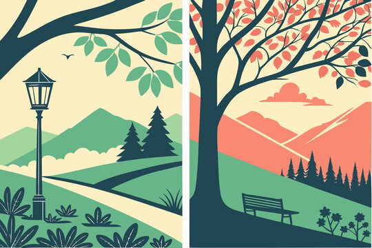 Geometric flat design nature landscape with mountains river and park bench, vector illustration backdrop.