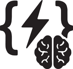 A human brain incorporated with a lightning bolt inside curly braces, illustrating the dynamic logic, intelligence, and interactivity of JavaScript programming, bold vector icon