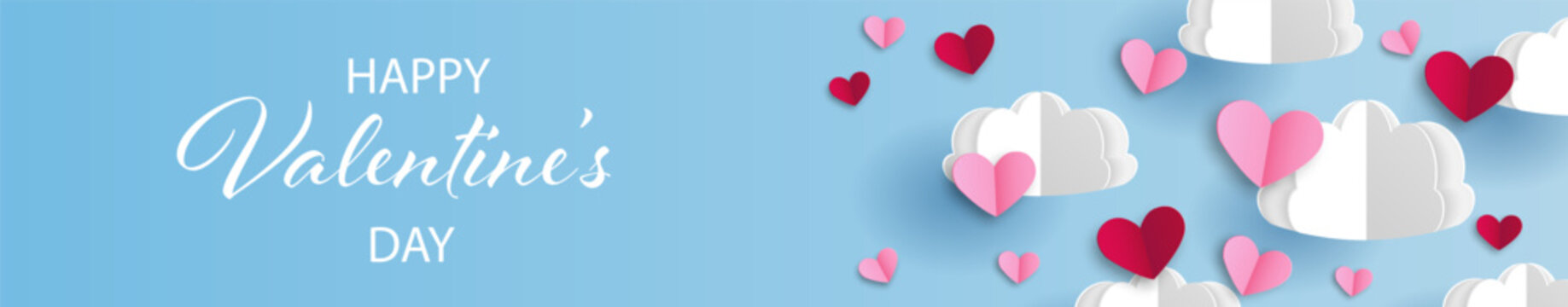 Background with paper cut hearts and clouds, vector illustration