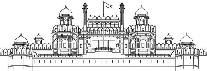 Detailed line art illustration of Red Fort Delhi historic Mughal architecture with domes and towers, black outline drawing isolated on white for travel, heritage and design use © Jomila