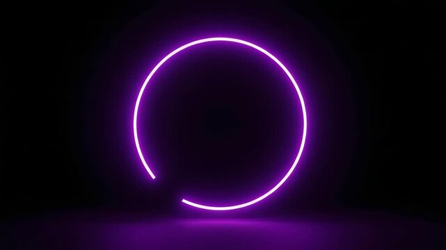 Glowing purple neon sign of a celestial solar eclipse circle featuring a fantasy planet and bright stars in the dark night universe sky illustration