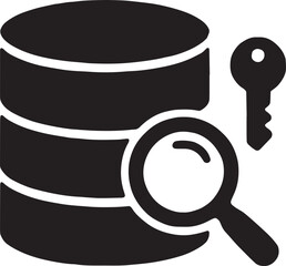 A cylindrical database storage icon examined by a magnifying glass, representing data querying, sql management, and information retrieval systems, clean vector lines