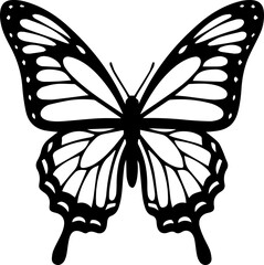 Detailed black silhouette of a monarch butterfly with delicate wing patterns on a white background © Vectors Studio