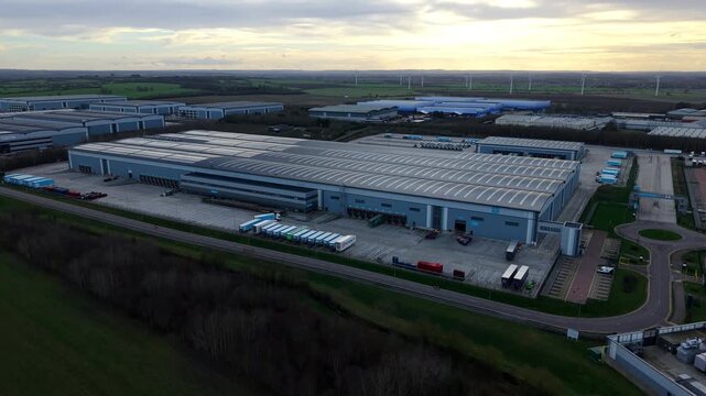 Biggleswade, United Kingdom - 24 January 2026: Aerial view of warehouses and distribution centers along Great North Road, an industrial landscape with muted tones.